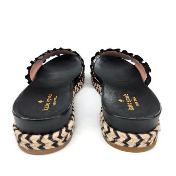 Kate Spade Zahara Black Ruffled Leather Open-Toe Slide-On Flat Espadille Sandals - Picture 7 of 10